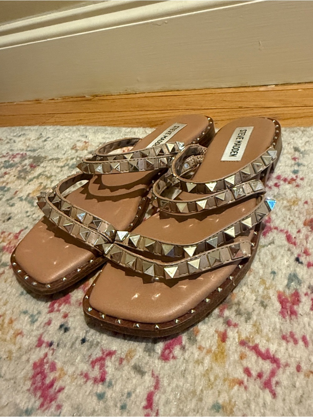 Hardly Worn Steve Madden Tan Studded Triple-Strap Slide Sandals - Picture 3 of 7